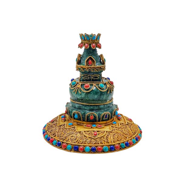 Full Gold Plated Stupa – Buddhist Handmade Statue with Stone Setting
