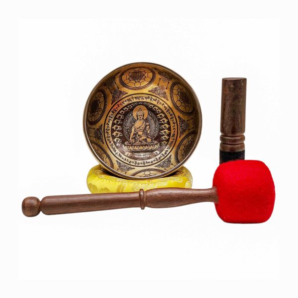 Buddhist Hand-Beaten Singing Bowl – Medicine Buddha Carving