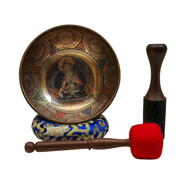 Buddhist Hand-Beaten Singing Bowl – White Tara Carving