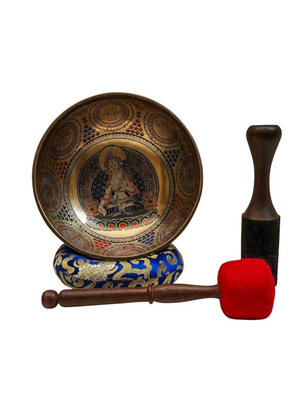 Buddhist Hand-Beaten Singing Bowl – White Tara Carving