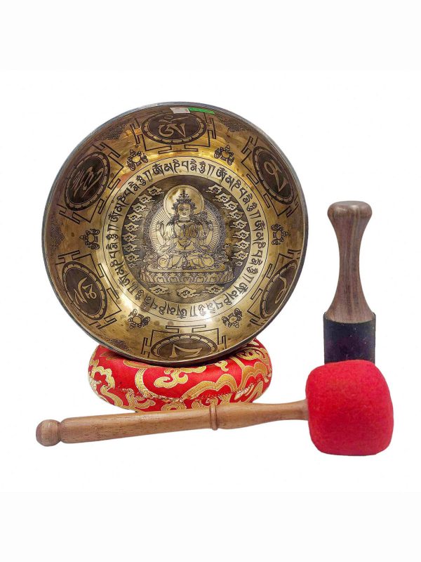 Buddhist Hand-Beaten Singing Bowl – Chenrezig Carving