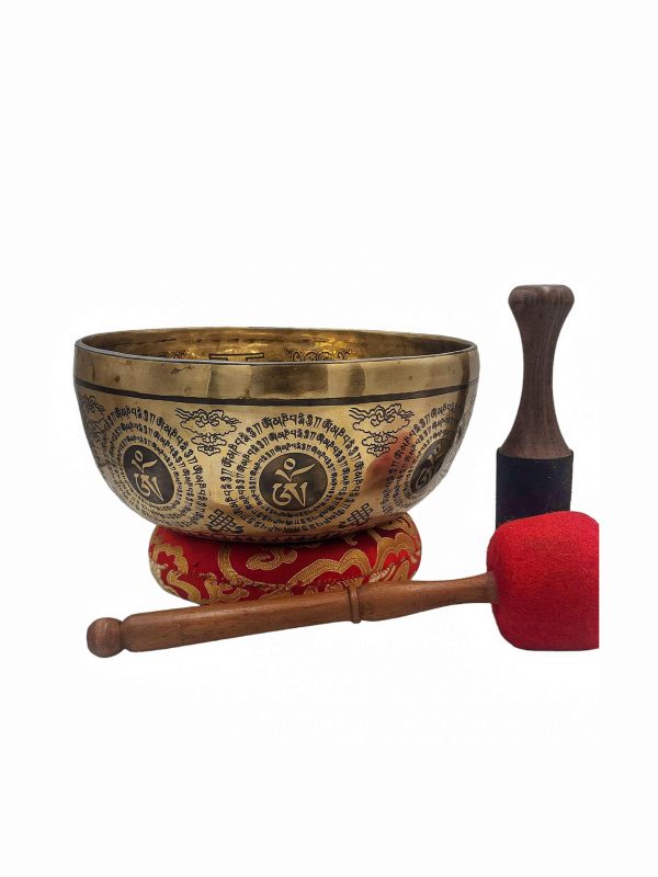 Buddhist Hand-Beaten Singing Bowl – Chenrezig Carving