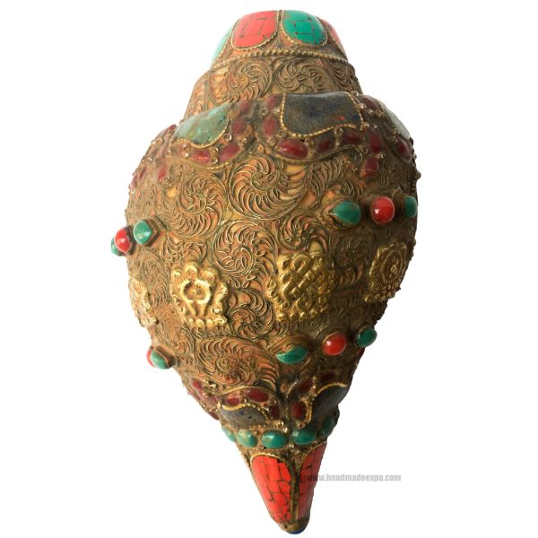 Conch Shell with Om Mani Padme Hum and Stone Setting – Brown and Red Color