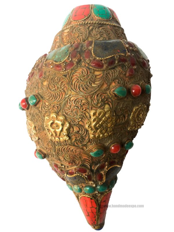 Conch Shell with Om Mani Padme Hum and Stone Setting – Brown and Red Color