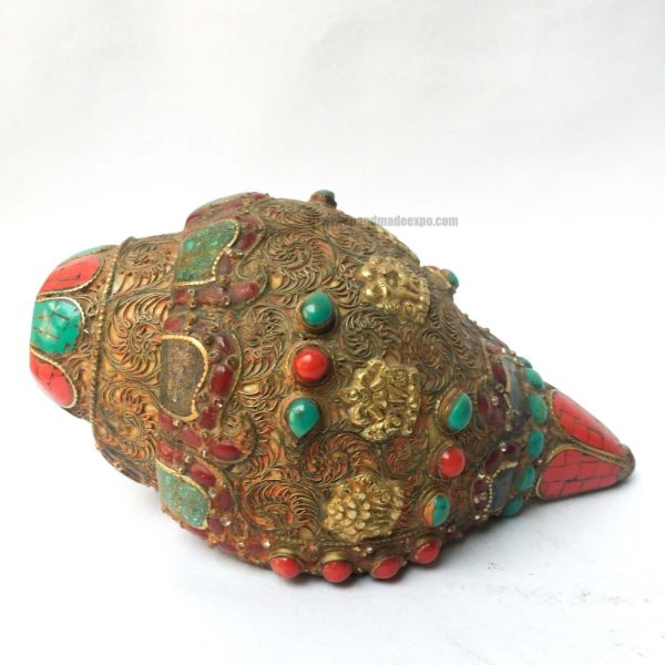Conch Shell with Om Mani Padme Hum and Stone Setting – Brown and Red Color