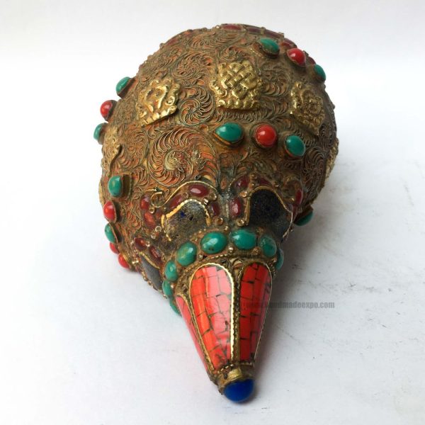 Conch Shell with Om Mani Padme Hum and Stone Setting – Brown and Red Color