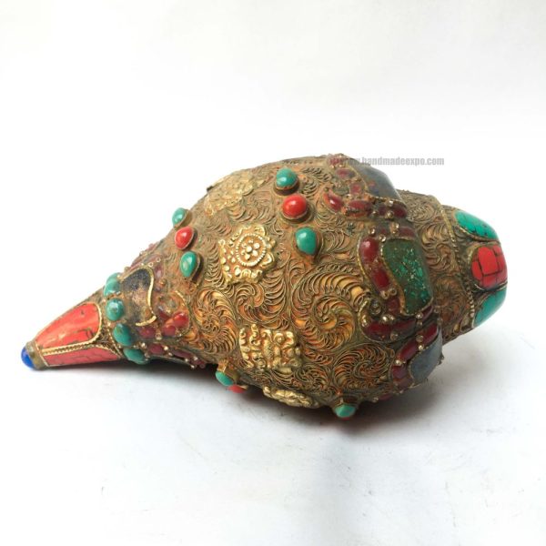 Conch Shell with Om Mani Padme Hum and Stone Setting – Brown and Red Color