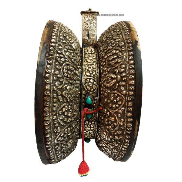 Tibetan Chöd Large Damaru with Real Silver and Stone Setting