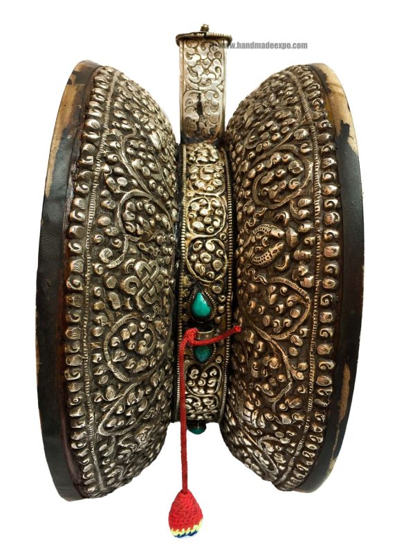 Tibetan Chöd Large Damaru with Real Silver and Stone Setting