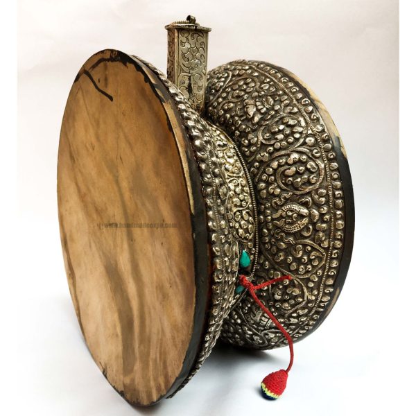 Tibetan Chöd Large Damaru with Real Silver and Stone Setting
