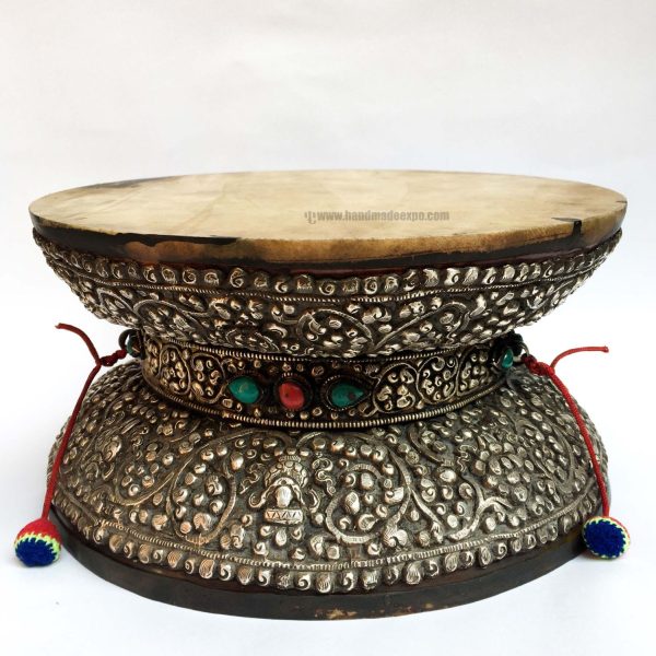 Tibetan Chöd Large Damaru with Real Silver and Stone Setting