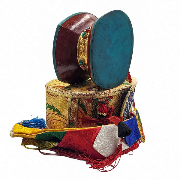 Tibetan Chod Damaru – Wooden and Leather with Brocade Cover & Tail