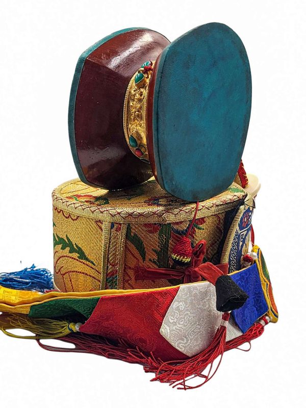 Tibetan Chod Damaru – Wooden and Leather with Brocade Cover & Tail