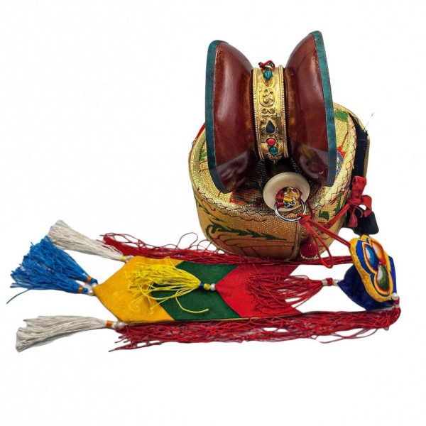 Tibetan Chod Damaru – Wooden and Leather with Brocade Cover & Tail