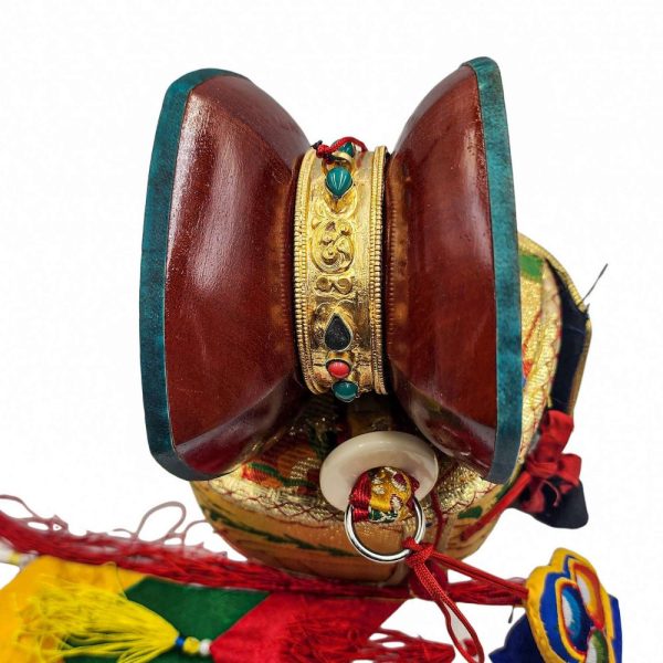 Tibetan Chod Damaru – Wooden and Leather with Brocade Cover & Tail