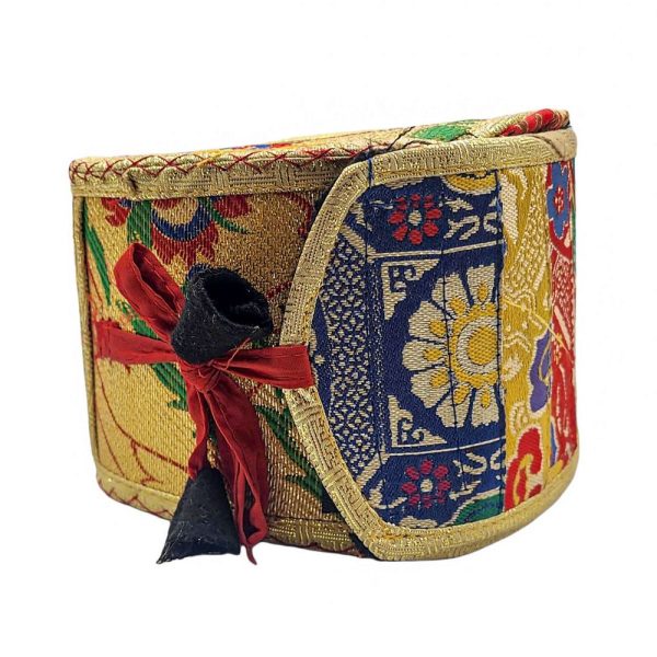 Tibetan Chod Damaru – Wooden and Leather with Brocade Cover & Tail