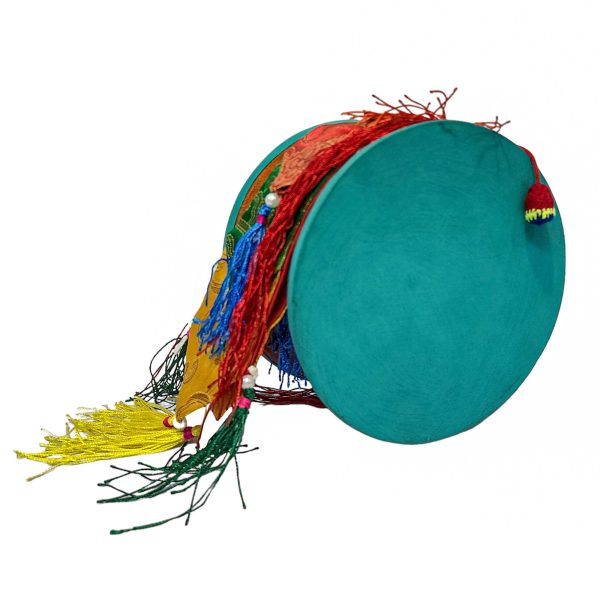 Tibetan Chod Damaru – Wooden and Leather with Brocade Cover & Tail