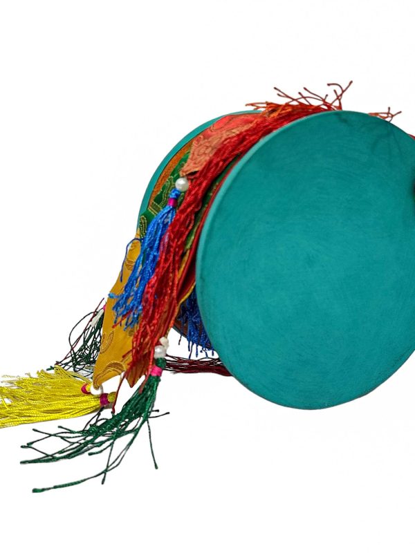 Tibetan Chod Damaru – Wooden and Leather with Brocade Cover & Tail
