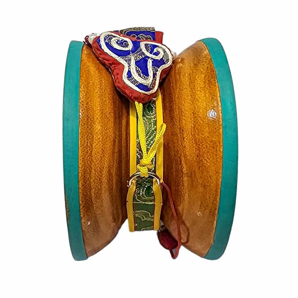Tibetan Chod Damaru – Wooden and Leather with Brocade Cover & Tail