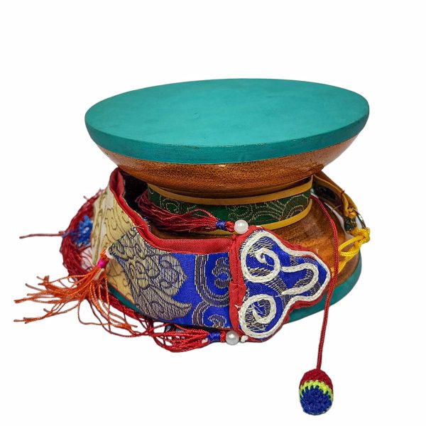 Tibetan Chod Damaru – Wooden and Leather with Brocade Cover & Tail